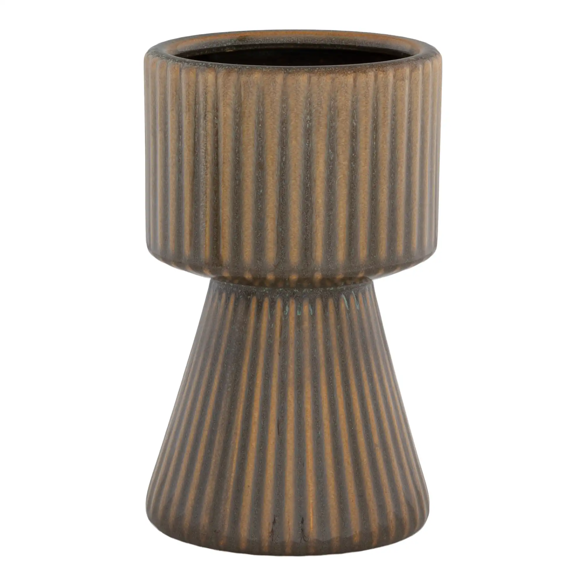 zoom sur le petit pot de fleurs strié sur pied