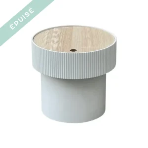petite table d'appoint blanc canelé avec plateau en bois et rangement